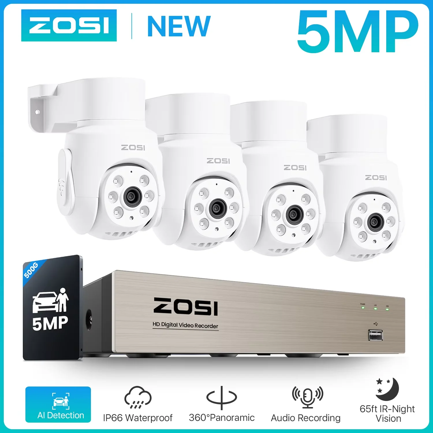 

ZOSI 5MP 360°View Wired Security Camera System 5MP/2MP Pan Tilt Cameras Indoor Outdoor H.265+ 8CH CCTV DVR for Home Surveillance