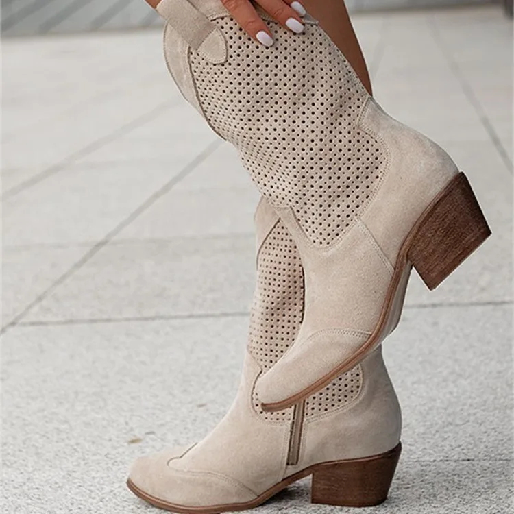 Women's boots 2025 autumn and winter new product mid heel 40-43 burnt flower suede low cut women's boots trend