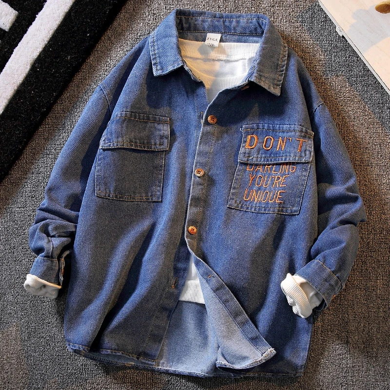 

Children Denim Shirts Letter Embroidery Kids Long-sleeve Turn-down Collar Boys Shirt for 4 6 8 12 14 Years Old Teenagers Tops