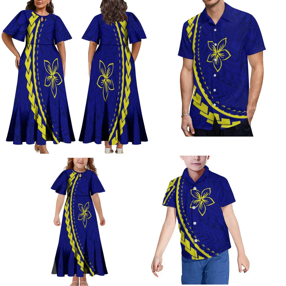 2024 Pacific Islands Custom Wholesale Family Set Samoan Fijian Ethnic Style Ladies Girls Elegant Dress Men Boys Shirt