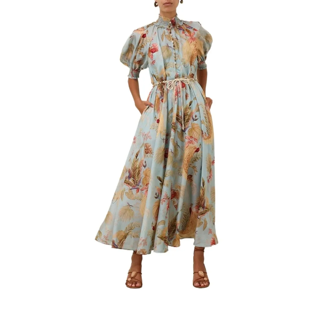 

Print Pleat Short Sleeve Midi Dress 2025 New Fashion Sky Blue