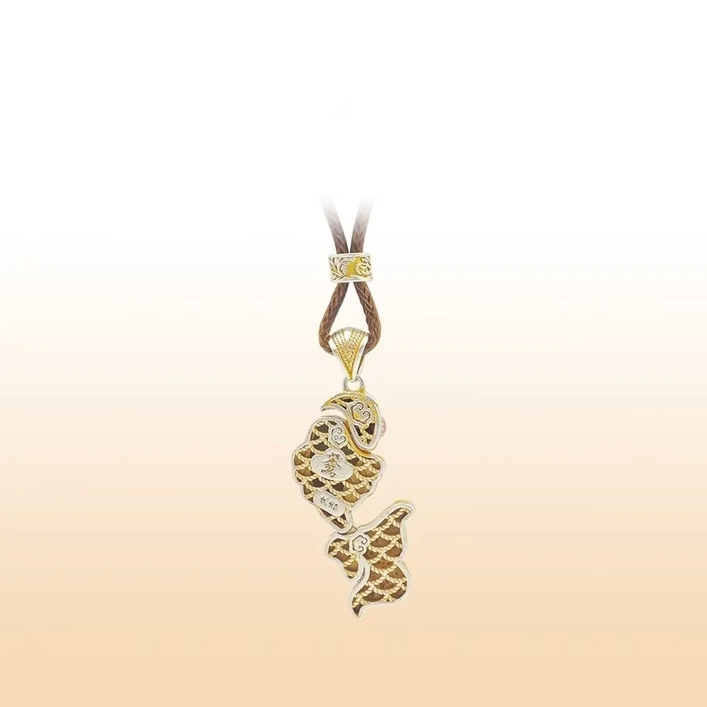 S999 sterling silver new Chinese-style koi fish double-sided pattern hollowed-out gold pattern pendant