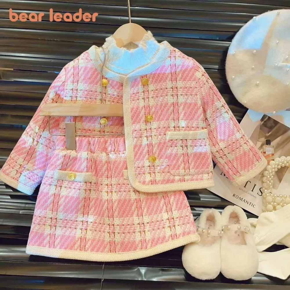 Bear Leader 2024 Autumn/Winter New Collection Small Fragrant Girl's Set Pink Checkered Round Neck Thick Coat+Skirt Two Piece Set