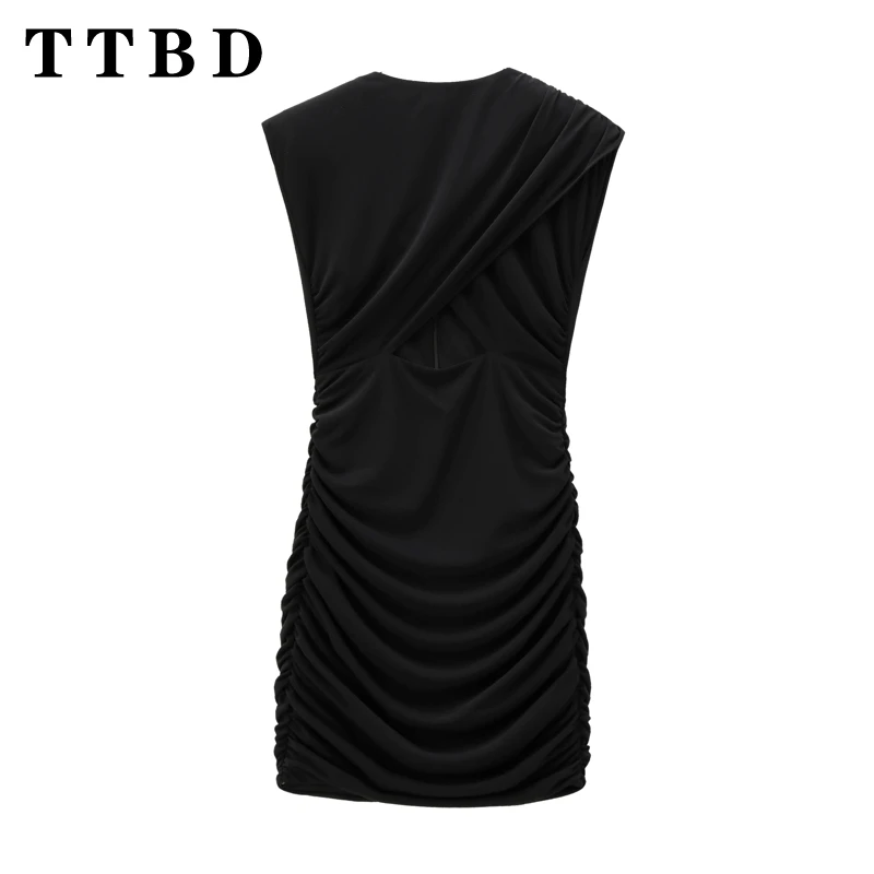 TTBD 2024 New Summer Women's Elegant Pleated Bodycon Mini Dress O-Neck Sleeveless Sexy Hipster Streetwear