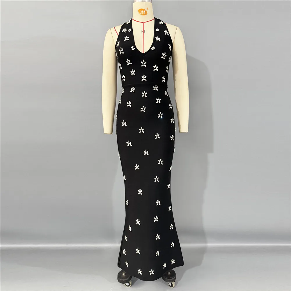 Women Sexy V-Neck Beading Bandage Dress Backless Halter Clothes Club Party Celebrity Maxi Dresses