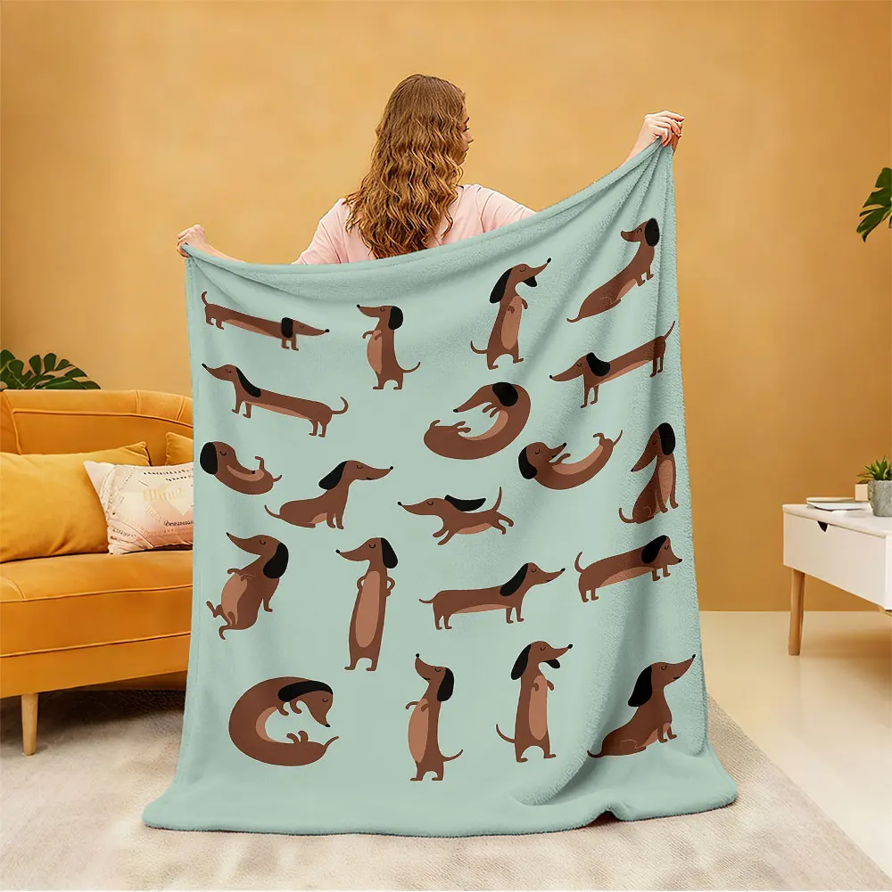 1pc Cartoon Sausage Dog Print Flannel Blanket, Soft and Comfortable, Lunch Break Gift Cover Blanket, Machine Washable