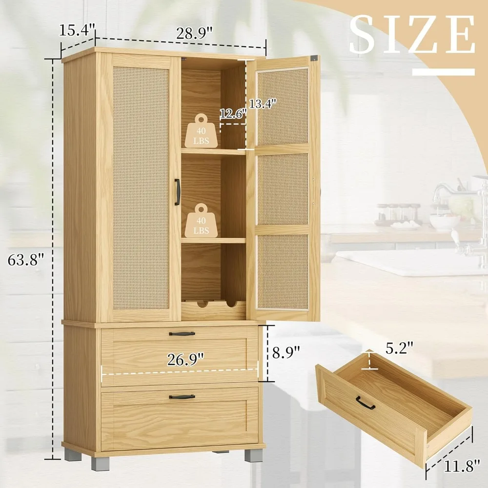 خزانة مخزن المطبخ بطول 64 بوصة من Shintenchi، وخزانة تخزين مع أبواب من الروطان ودرجين، وخزانة فولاذية طويلة من 3 طبقات