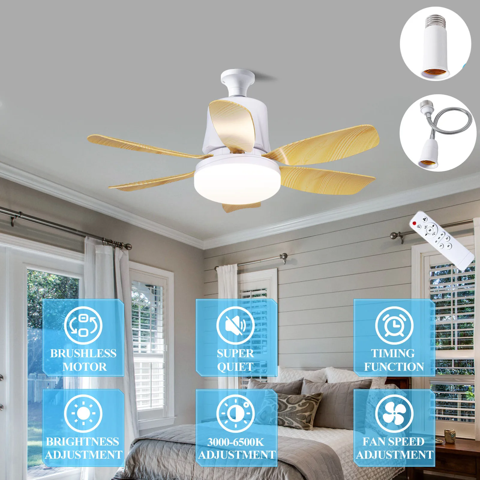 

30W Socket Fan E27 Wood Ceiling Fan With LED Light And Remote Control 3 Colors 3 Speed Silent For Home Room Kitchen Lighting