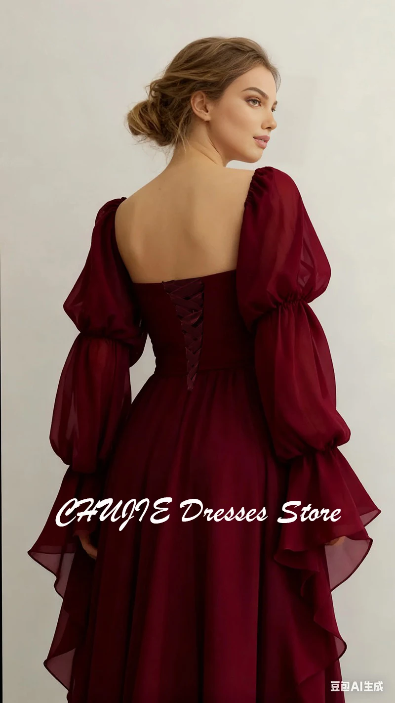 Sukienki wieczorowe z dekoltem w kształcie kwadratu w kolorze burgundowym, sukienki na studniówkę z długim rękawem w stylu Dubaj, sukienki na wesele w stylu arabskim z plisami w kształcie litery A, skromne, szyte na miarę.