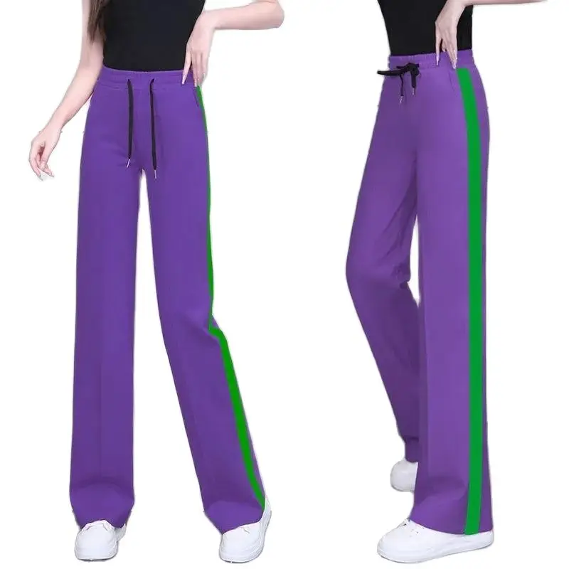 2023 New Explosions Purple Square Dance Sweatpants Female Contrast Color High Waist Elastic Casual Straight Wide Leg Pants