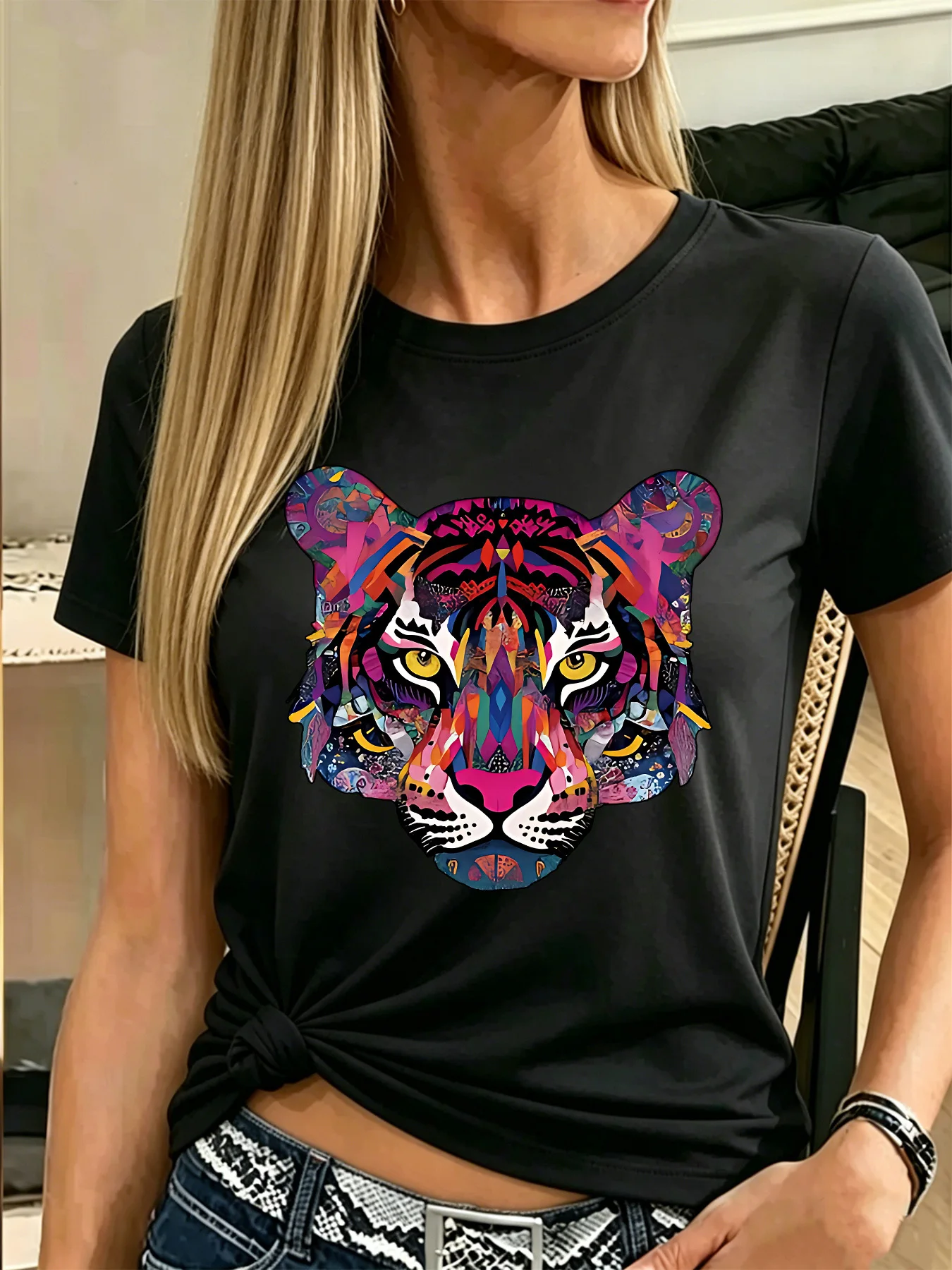 Vibrant Abstract Mosaic Tiger Womens T Shirt Colorful Wild Animal Art Graphic Tee Short Sleeve Casual Party Street Ladies Tops