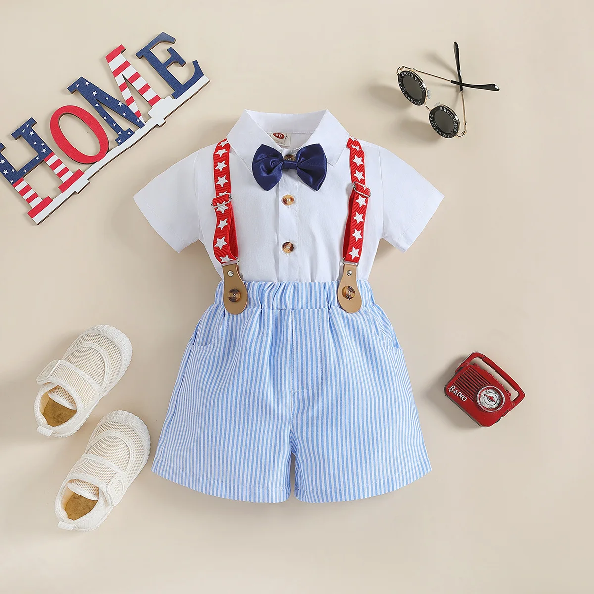 

American Independence Day children's clothing summer new short sleeved shirt striped overalls boys' holiday set