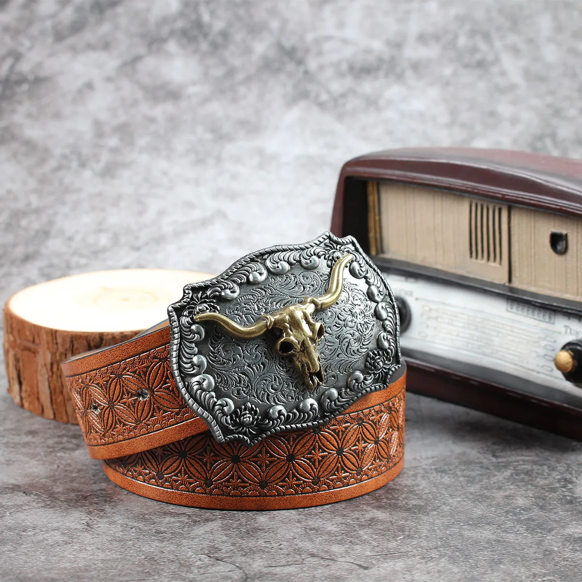 Curling grass edge animals3.7cm wide men's and women's Western bull head denim style bull scalprendy belt smooth buckle