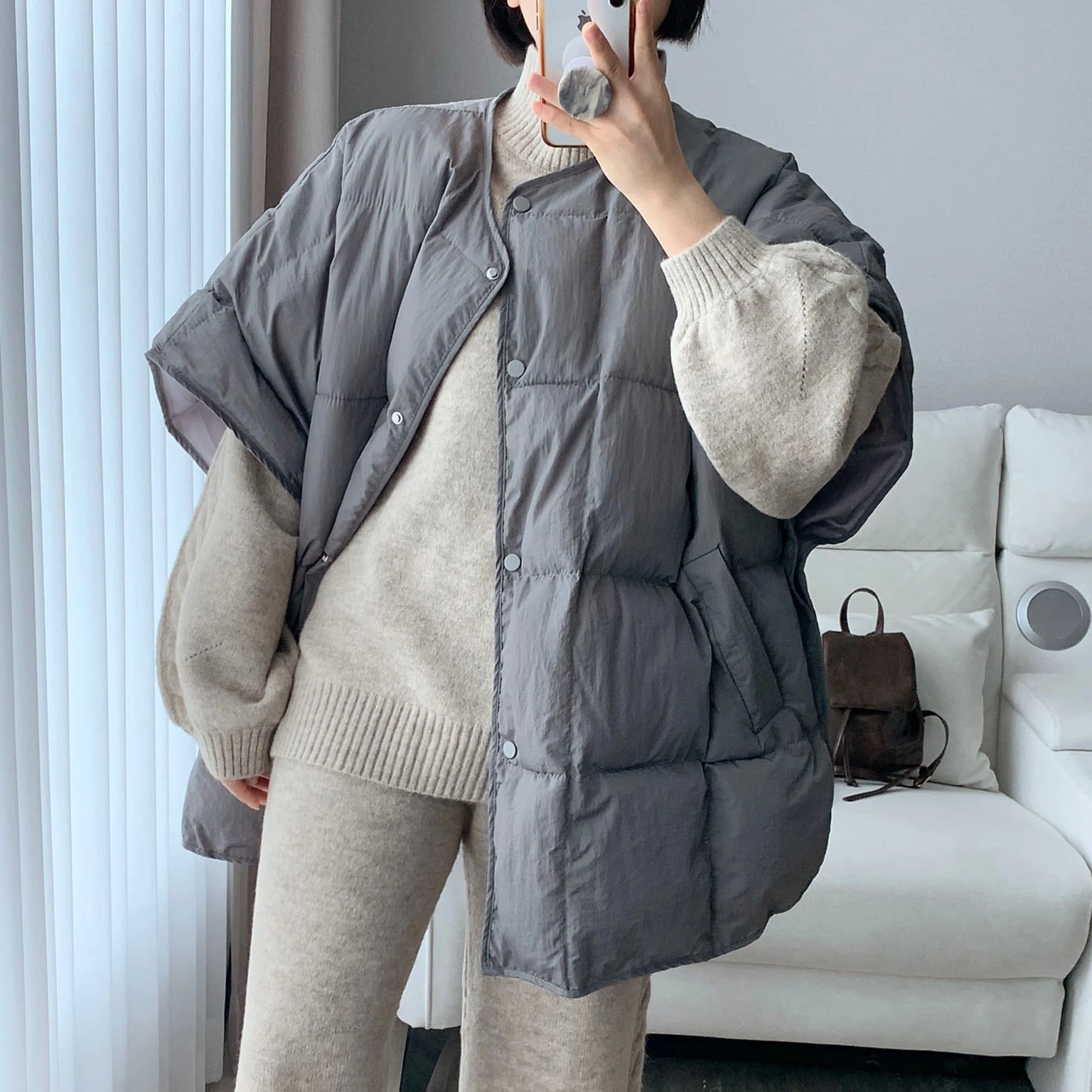 

Korean Retro Design Svel Cotton Vest Jaet Women's Faion round Ne Lantern Sve Color Long Sve Coat