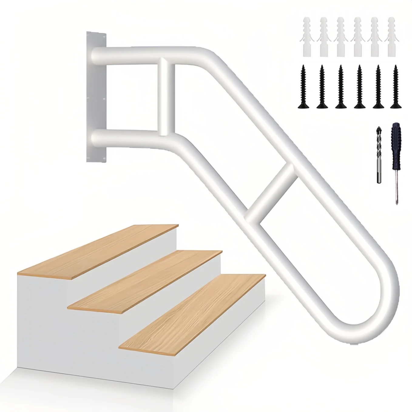 Biały poręcz w kształcie litery U, odpowiedni do schodów zewnętrznych 1-3 poziomy, z antypoślizgowymi poprzeczkami, odpowiedni do garaży, werand itp.