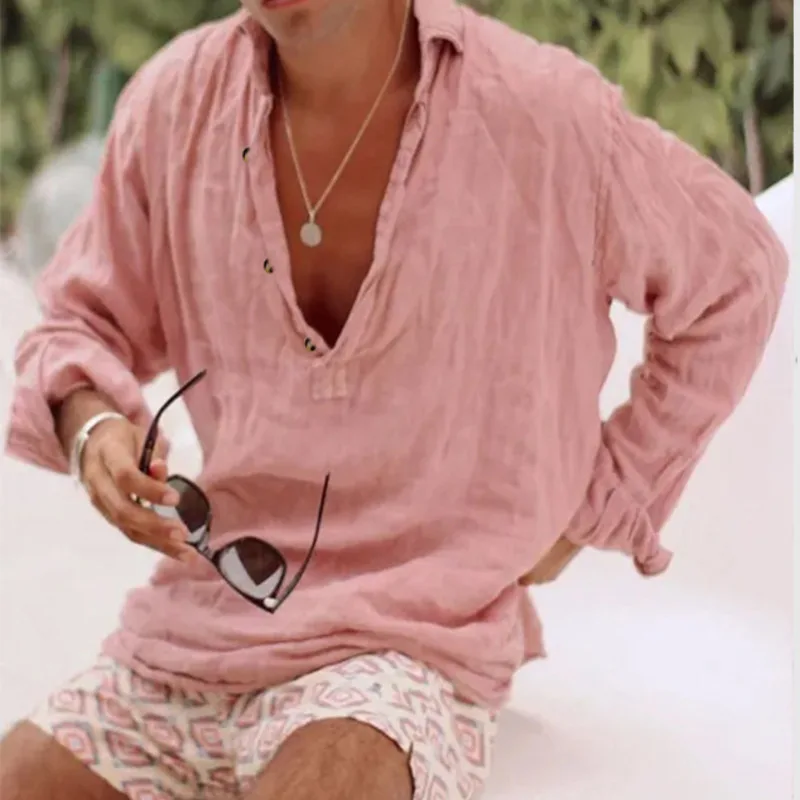 2025 Summer Fashion Urban Solid Color Collar Long Sleeve Shirt Beach Light Mature Casual Versatile Loose Men's Long Sleeve Shirt