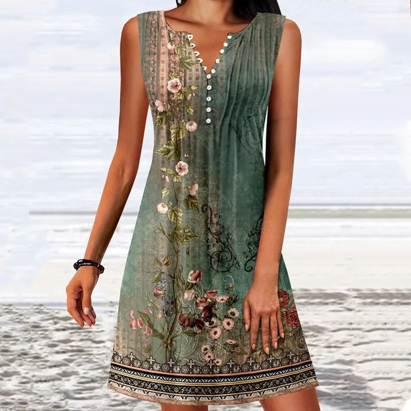 여름 여성용 민소매 버튼 플로럴 프린트 루즈핏 보헤미안 V넥 캐주얼 비치 휴가 미니 원피스