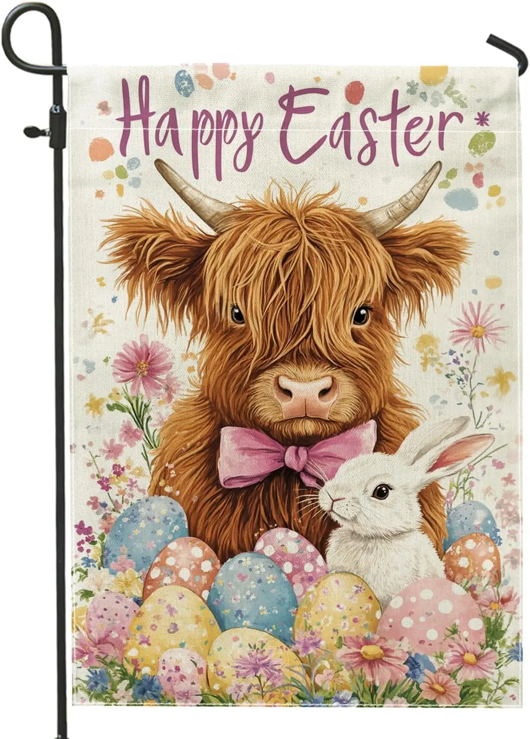 Happy Easter Highland Cow Garden Flag, Colorful Eggs Floral Home Decor Yard Flag, Double Sided Burlap Spring Outdoor Lawn De SSL