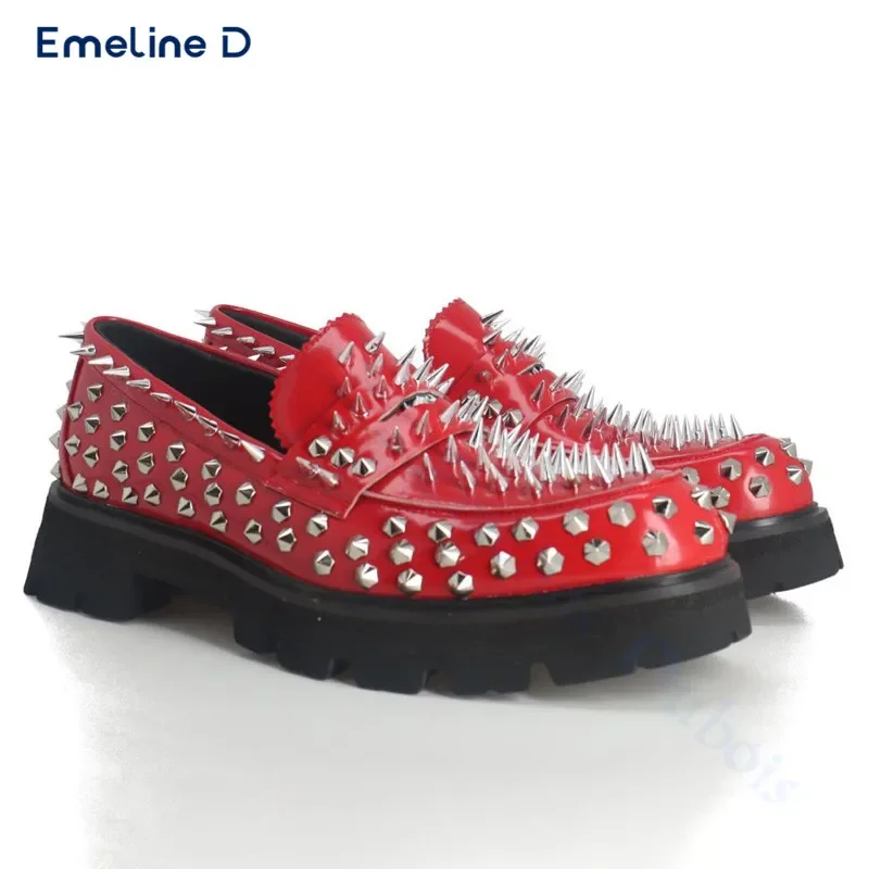 Studded Red Leather Casual Shoes Slip-On Style Big Toe Thick-Soled Leather Shoes Fashionable Personality Large Size Men\'s Shoes