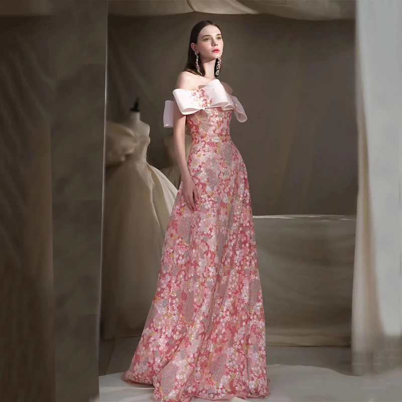 Robe de soirée florale personnalisée pour femme, robe de Rhsans bretelles, longueur au sol en fibre, rose doux, tout ce qui est éducatif, luxe