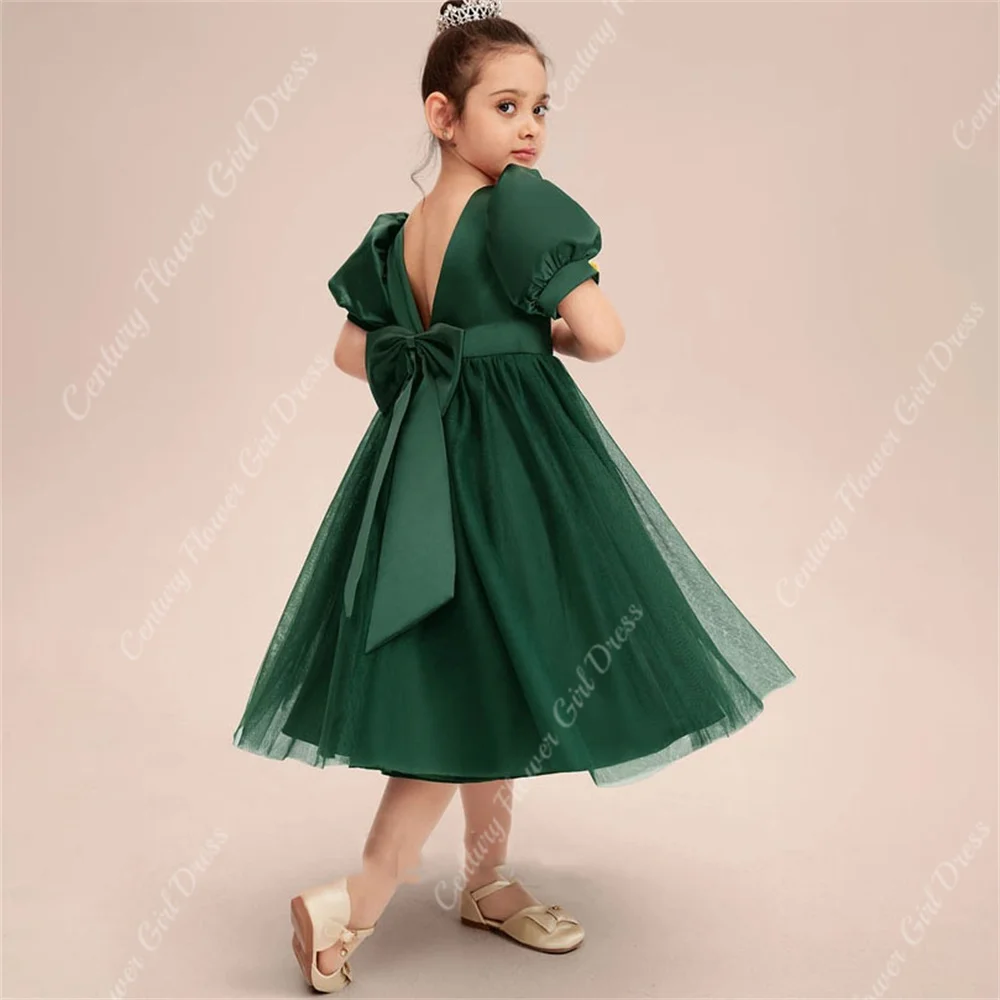 Customized Girl Dresses Emerald Tea-Length  Bows Children's First Communion Ball Gown Wedding Party Bridesmaid Dress Kids