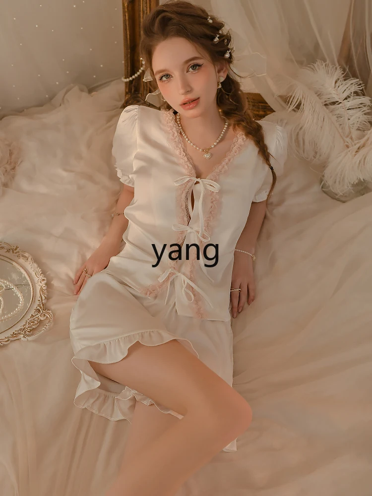 LMM summer thin loungewear set ice silk short-sleeved pajamas two-piece set