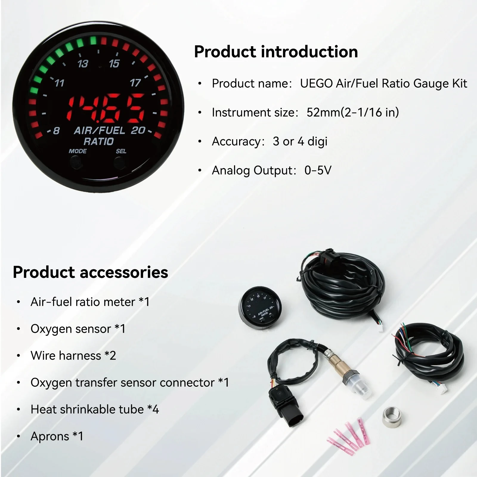 Fotografia 7: Medidor de relação de combustível de ar de banda larga 12v, kit de banda larga, display digital led com sensor de banda larga, modificação de carro
