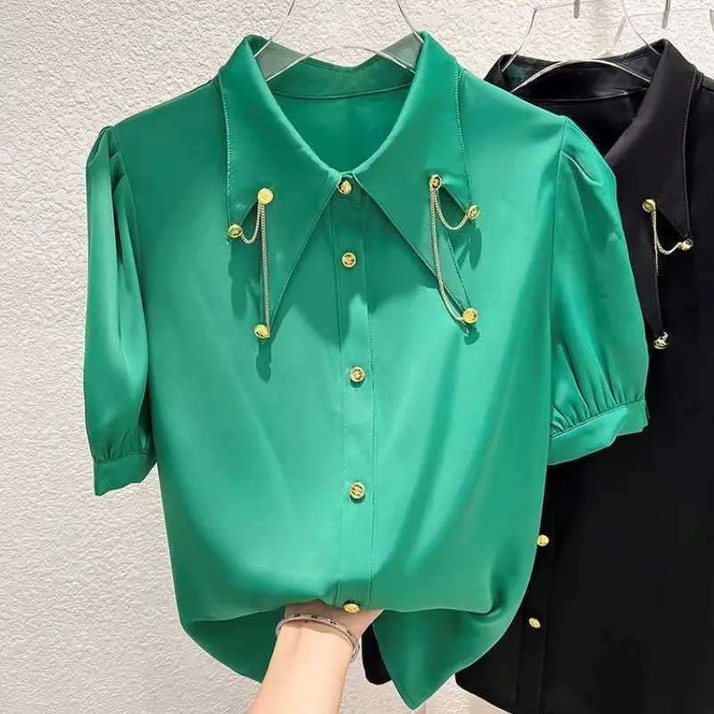 Female Clothing Fashion Chain Blouse Korean Irregular Turn-down Collar 2023 Summer Solid Color All-match Single-breasted Shirt