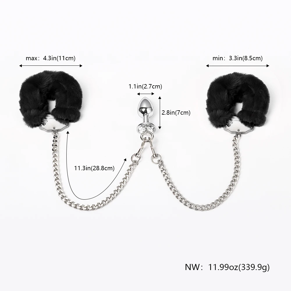 Metal Butt Plug&Furry Cuffs Sex Bondage BDSM Metal Handcuffs with Anal Toys for Adult Sex Play Restraint Set for Women Cosplay