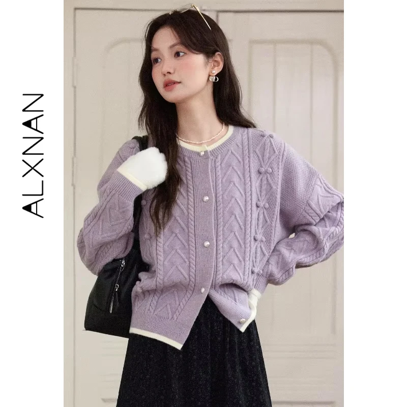 

ALXNAN Women's Sweaters Drop Autumn Shoulder Pearl Buttons Cable Knit Patchwork Cardigans Gentle Elegant Winter Clothes L52510