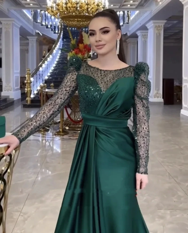 Romantic Green Satin Evening Dresses O-Neck Glitter Long Sleeves Satin Custom Made Mermaid Party Prom Gown Vestidos De Noche