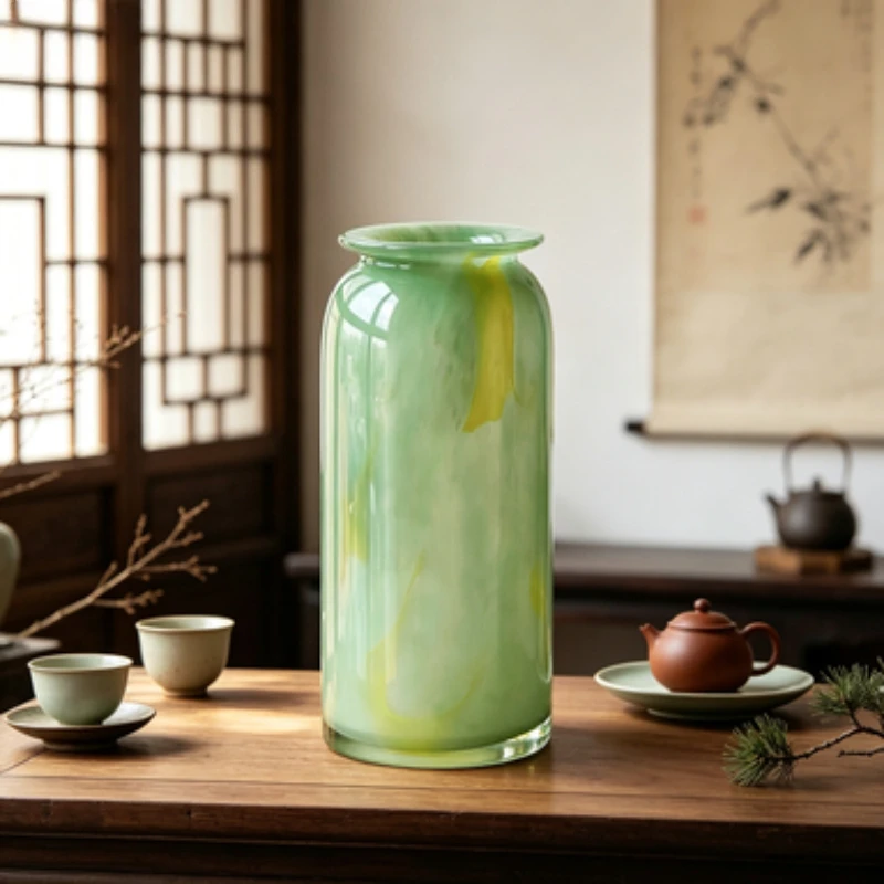 New Chinese Elegant Green Glass Vase Lily Fresh Flower Container Desktop Glazed Floral Holder Living Room Decorative Ornament