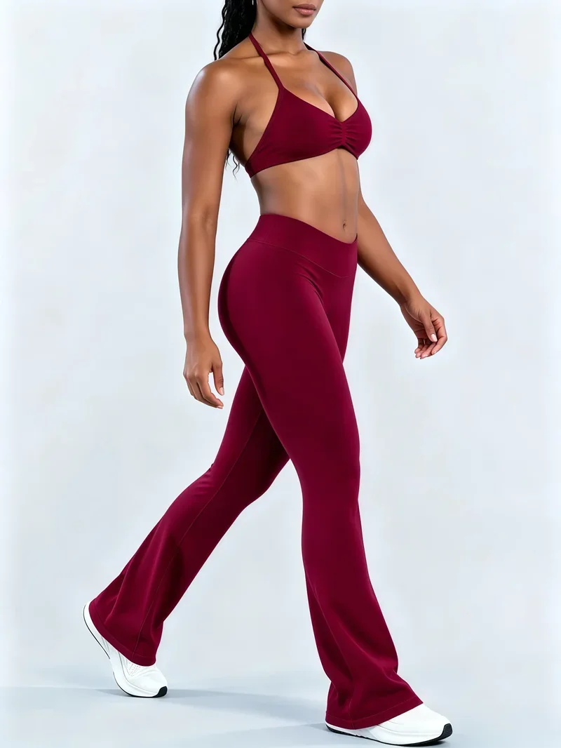 2-teiliges HISTELLO Schlaghosen-Set für Damen, Neckholder-Sport-BH, Nahtlose Po-Lifting-Yogahose, Bauchkontrolle, Fitness-Workout-Sets – Detail 5