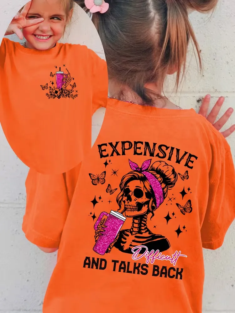 Halloween Fashion Girls Short-Sleeved T-Shirt EXPENSIVE AND TALKS BACK Skull Holding Pink Cup Element Double-Sided Versatile Top
