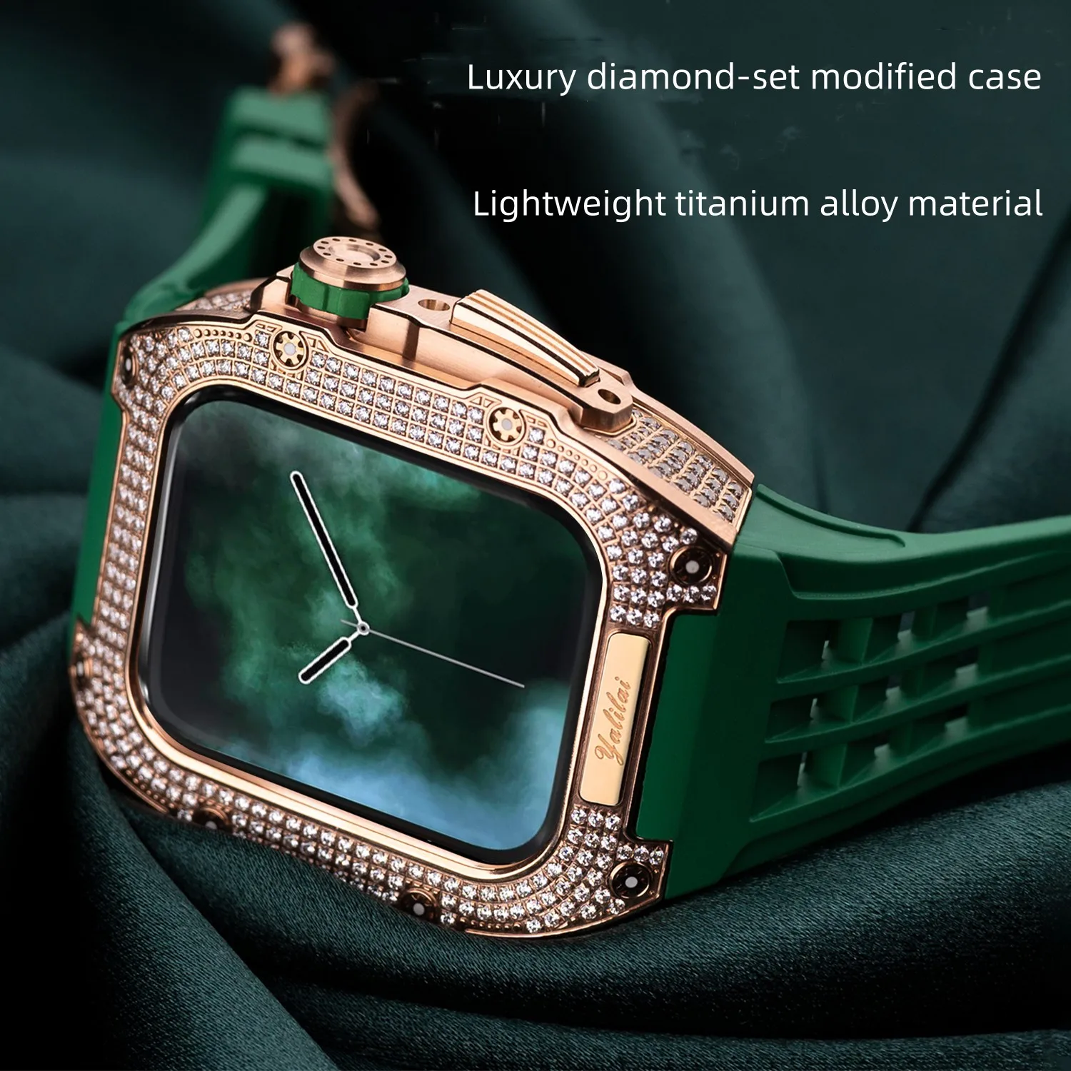 Luxury Diamond Mod Lightweight Titanium Alloy Case+Fluororubber Strap+Metal Butterfly Buckle For iWatch S8 7 6 4 SE 44 45mm Band