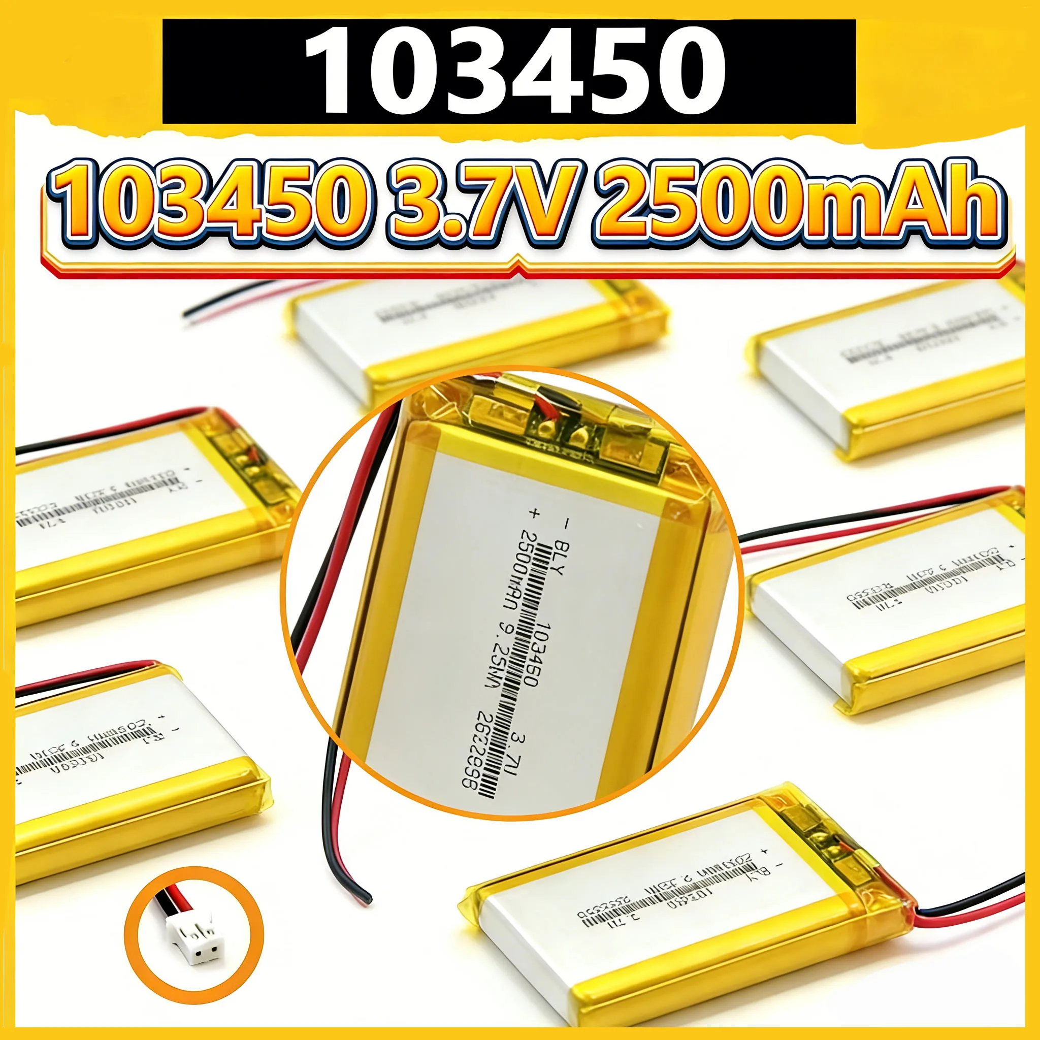 

103450 3.7V 2000mAh Polymer Lithium Rechargeable Battery jst PH 2.0mm 2pin plug for Camera GPS navigator MP5 Bluetooth Headset