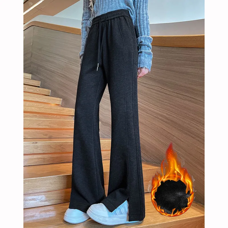 2025 inverno meninas calças de lã sólida feminino chique cintura alta calças de pelúcia senhora neve quente casual diário calças térmicas