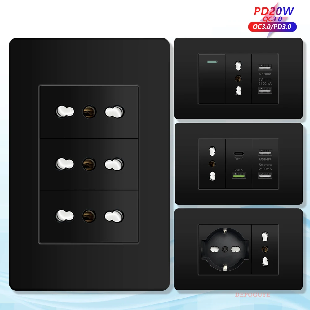 Black Italy Chile Outlet with USB Smart Type-C Fast Charging, Chile Dual USB Power Socket Plug Schuko PC Electric Light Switch T