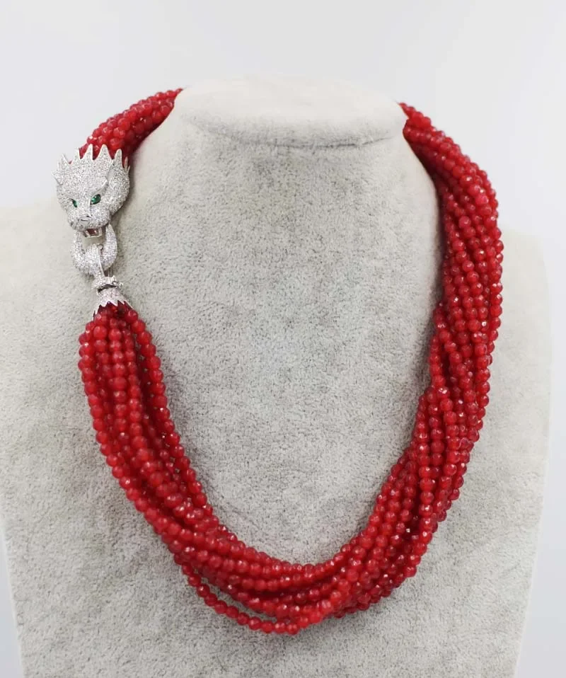 8rows red jade  round faceted 4mm  necklace leopard clasp  19inch wholesale bead discount gift hot