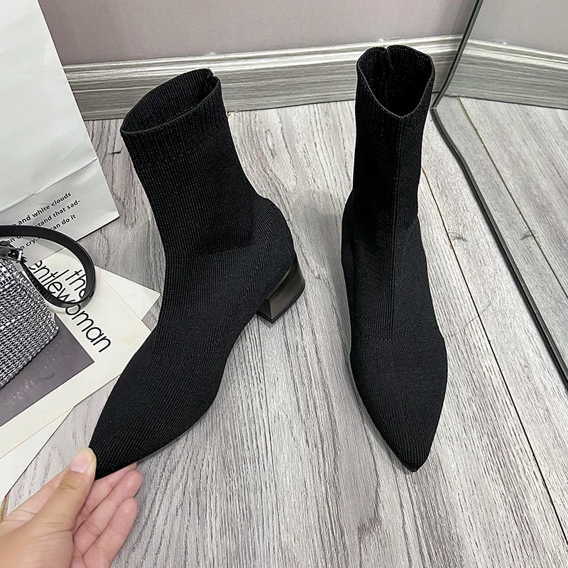 Women\'s Dress Shoes Sexy Pointed Mid Heel Short Women\'s Nude Boots Spring 2023 Knitted Sock Boots Botas De Mujer Black Boots