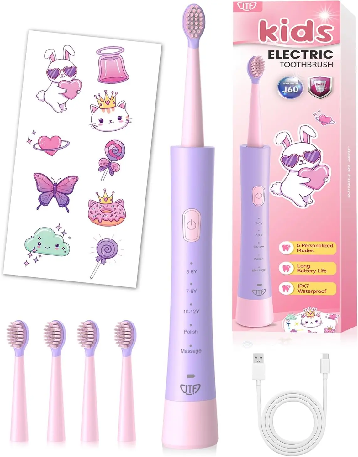 

Kids Rechargeable Electric Toothbrush: 5 Gentle Modes, DIY Stickers, 4 Brush Heads, Sonic Cleaning for Ages 3+