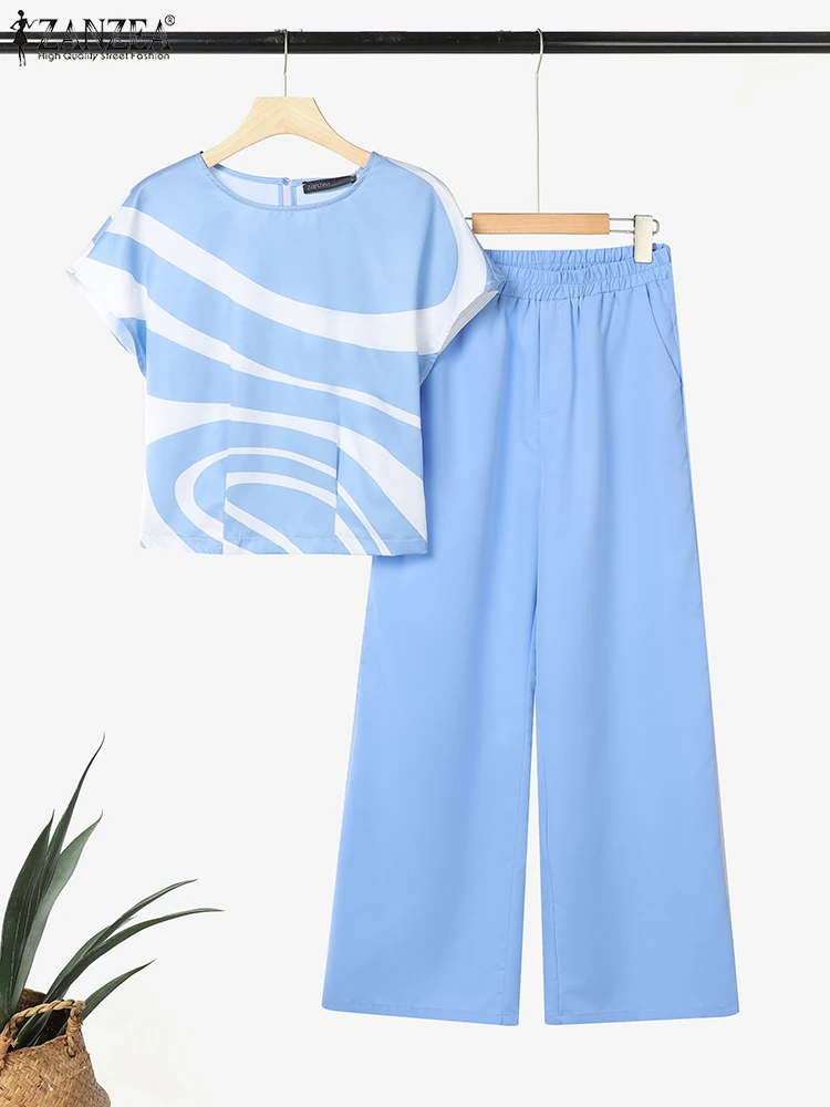 Zanzea verão 2 pçs roupas femininas conjuntos de calças moda 2 peças conjuntos de treino manga curta blusa impressa calças de perna larga terno