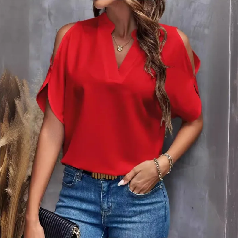 

Blusas Para Mujer 2025 New Elegant Women Shirt Sexy V-neck Shirt Off Shoulder Short Sleeve Solid Color Office Y2K Summer Blouses