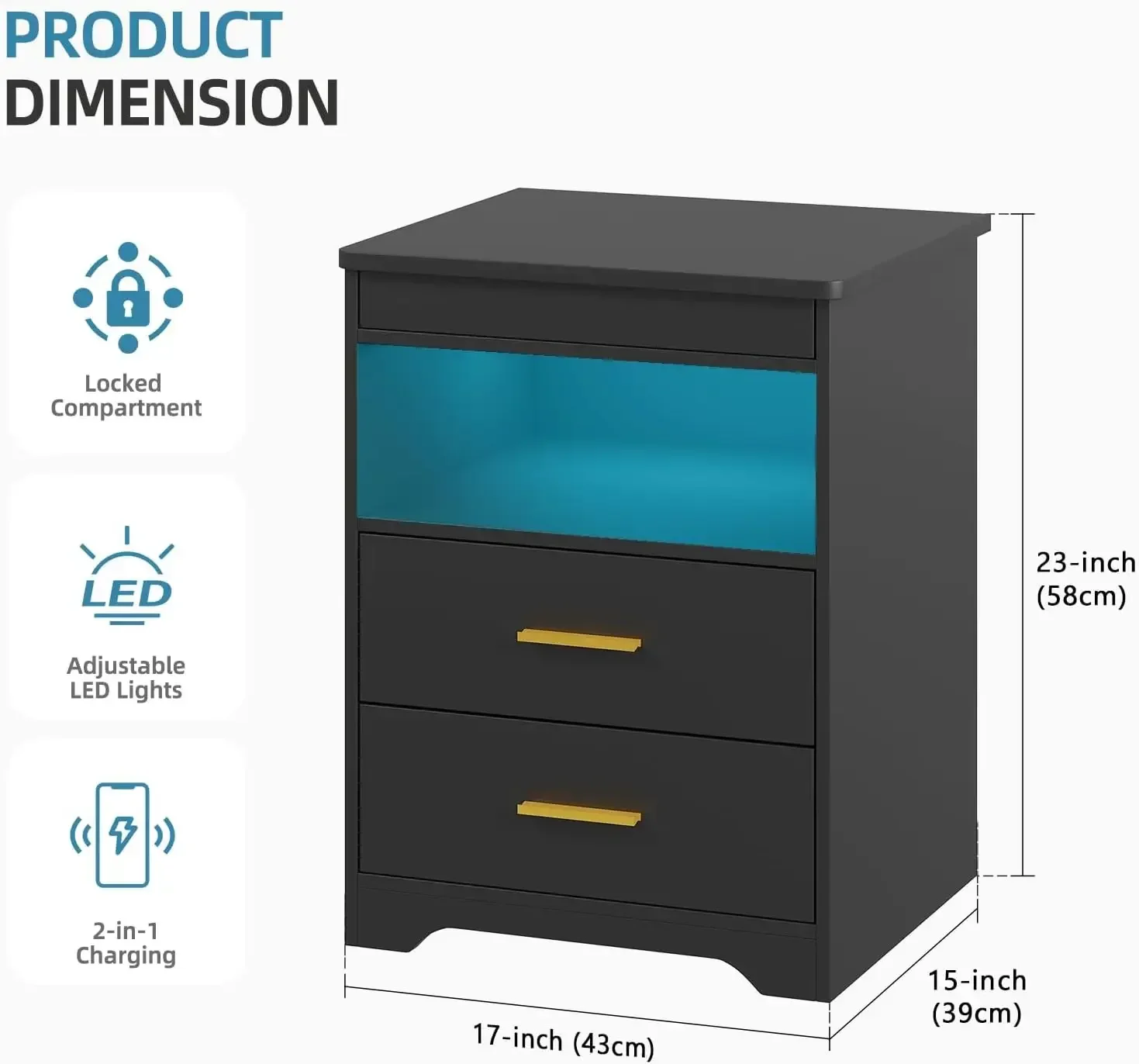 Night Stand Set of 2 with Charging Station for Bedroom, Beside Table with Secret Gun Drawer, Modern LED End Table with Auto Sens