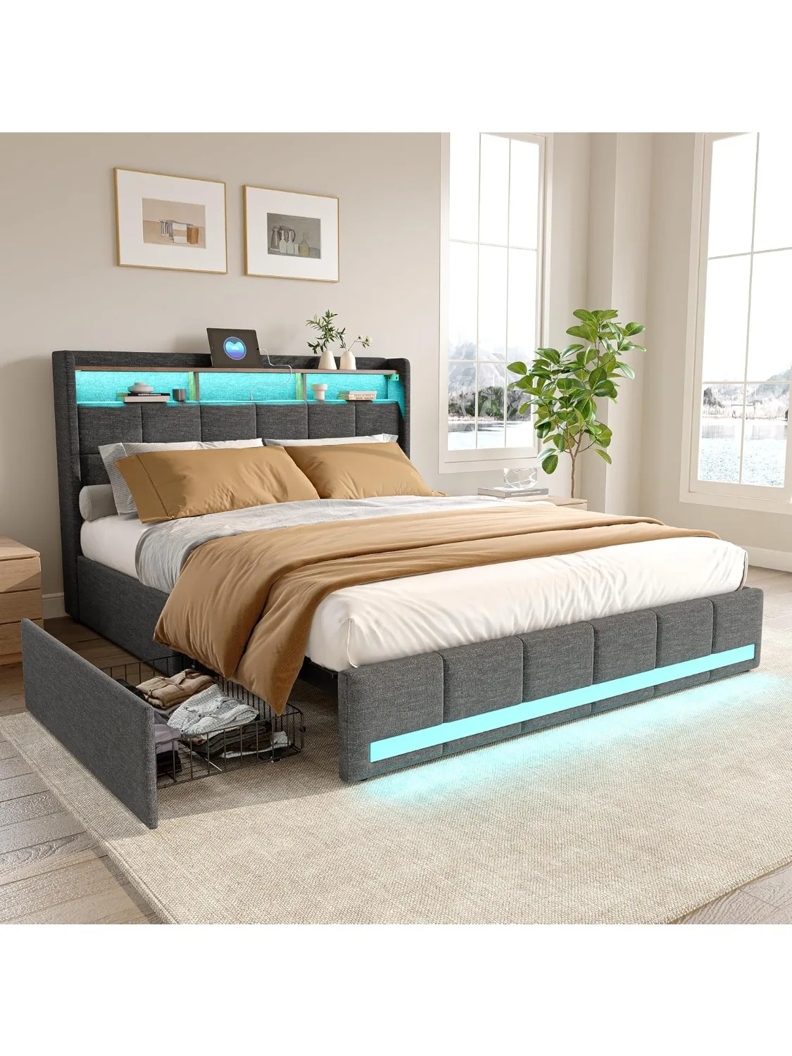 Rosahqnda gestoffeerd tweepersoonsbed 180x200 cm, opbergbed met 4 laden, opberghoofdbord met LED-verlichting en oplaadstation