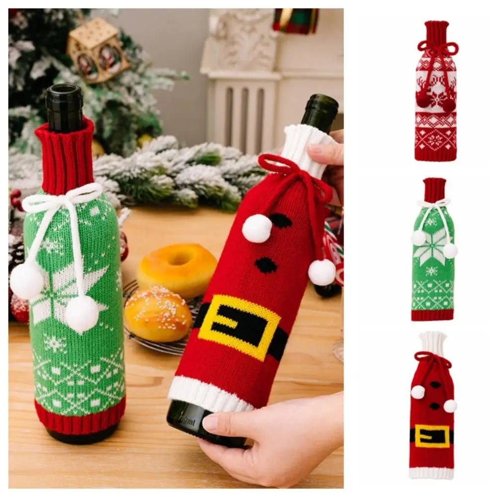 Cartoon Christmas Wine Bottle Cover Snowflake Elk Wine Bottle Decorative Knitted Santa Claus Red Wine Protective Case