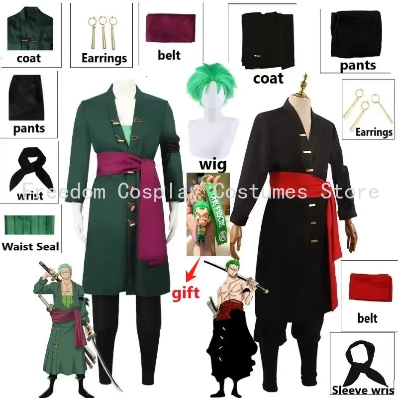 

Anime Figures Roronoa Zoro Cosplay Costume Uniform Green/black Coat Pants Scarf Roronoa Zoro Wig Earrings Halloween Men Clothes