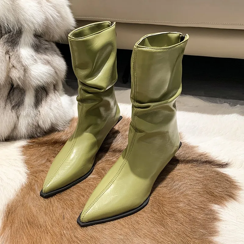 Small Heel Short Boots for Women 2024 New Pointed Thin Heel Mid Barrel Fold Stacked Boots Soft Leather Elastic Slim Boots