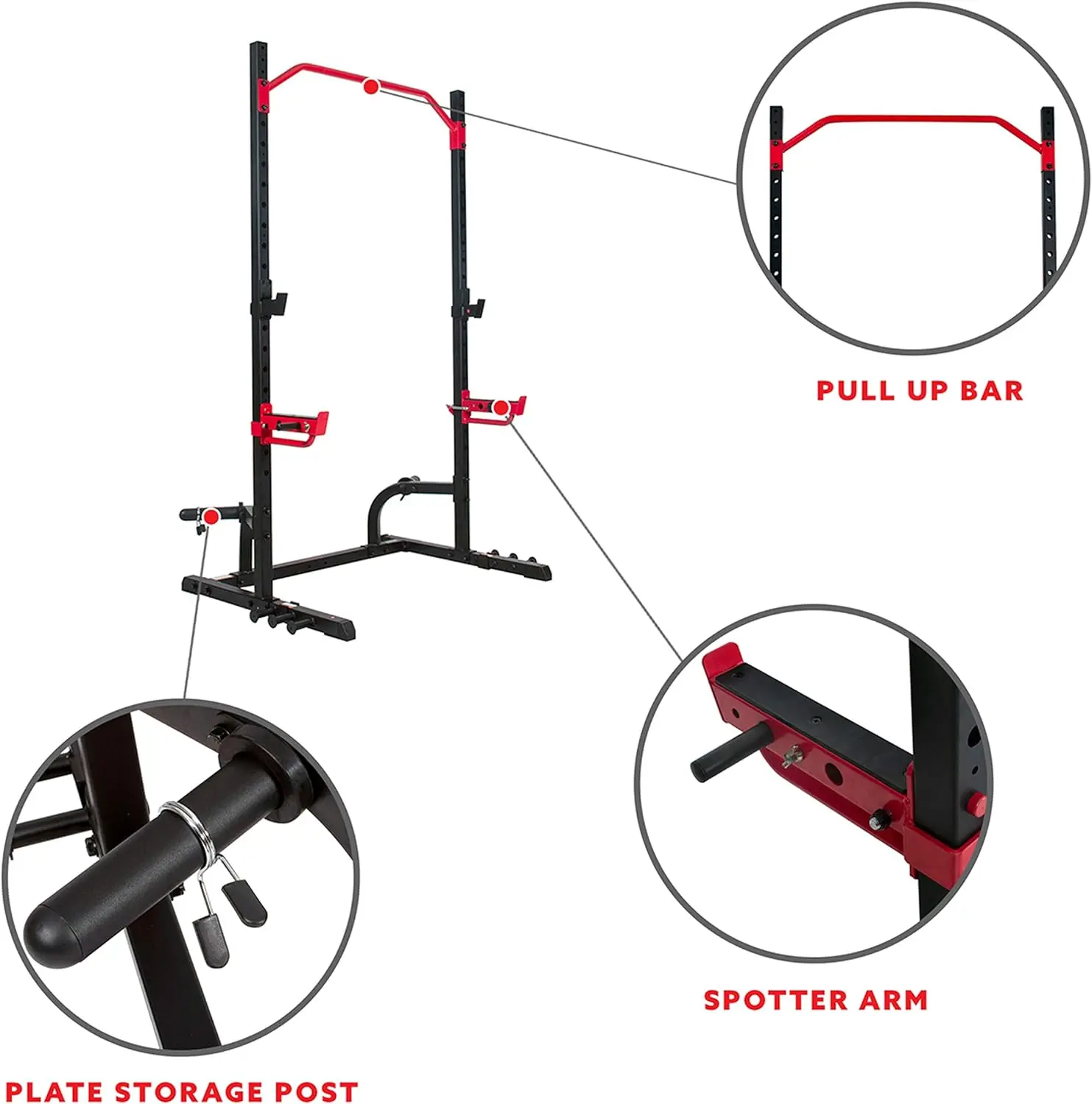 Sunny Health & Fitness Power Zone Squat Stand Power Rack Cage With Spotter Arms, J-Hooks, Adjustable Pull Up Bar Optional Bench