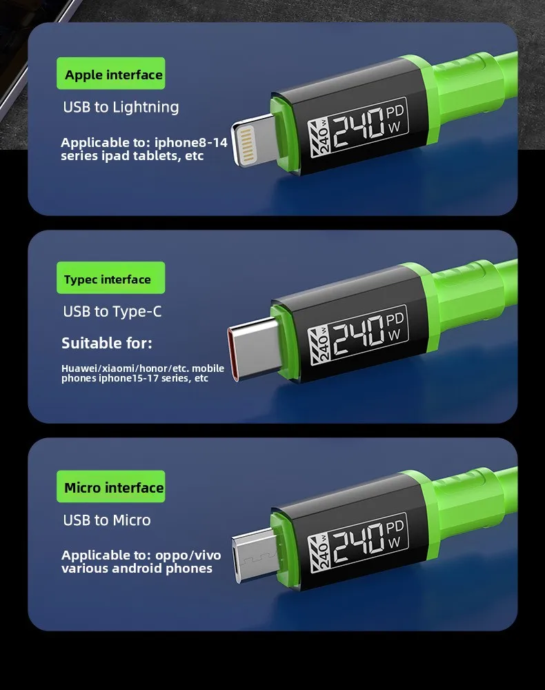 3 in 1 240W Fast Charging Cable Suitable For Micro USB Type C Charging Cable Multiple USB Ports Suitable For iPhone Huawei